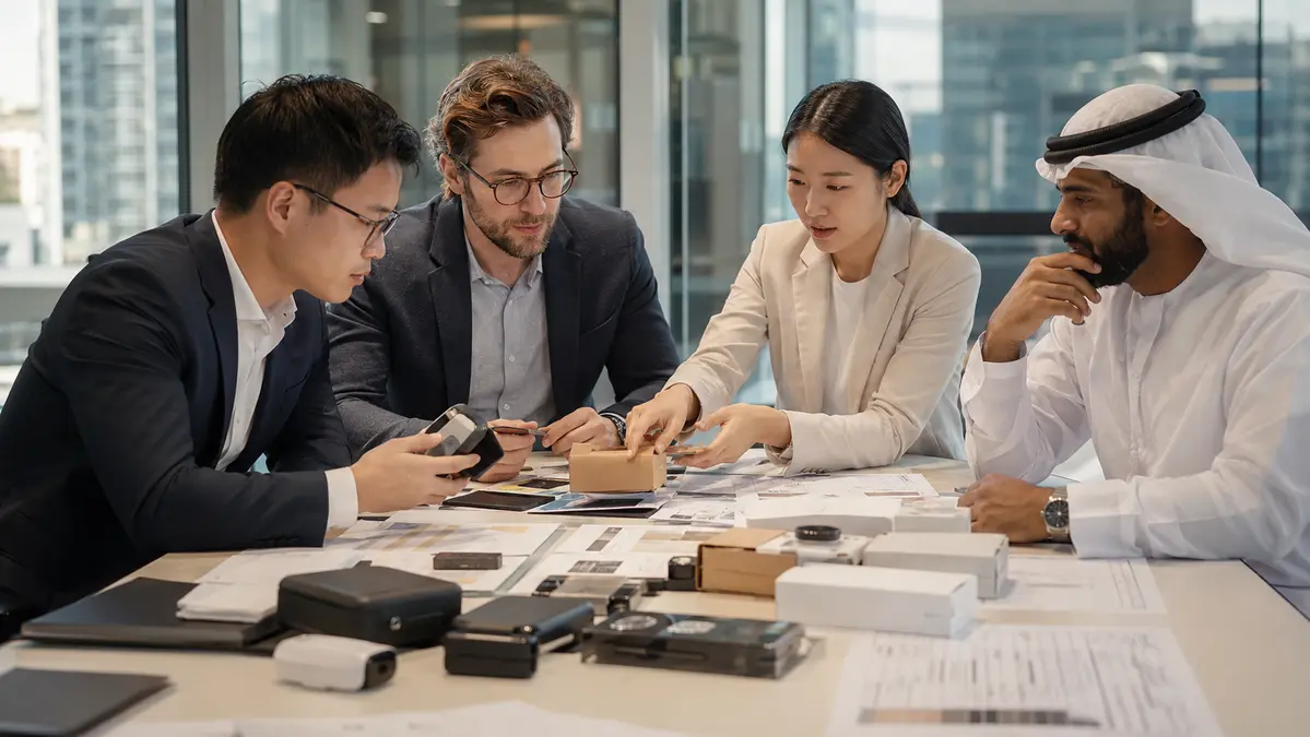 International commercial team reviewing suppliers and product samples
