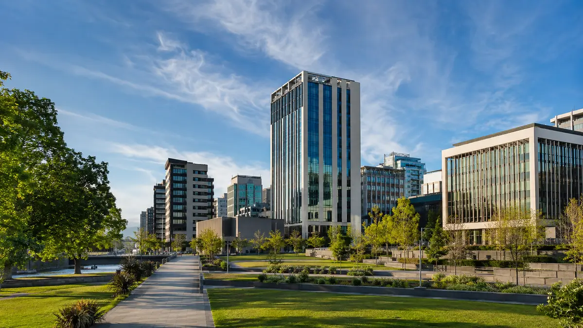 Modern Christchurch city architecture beside landscaped public space